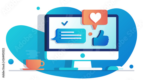 Computer messenger income message notification, social media network concept, comments new followers and like icons. Online chatting and communication. Working chat group. News feed. Social network
