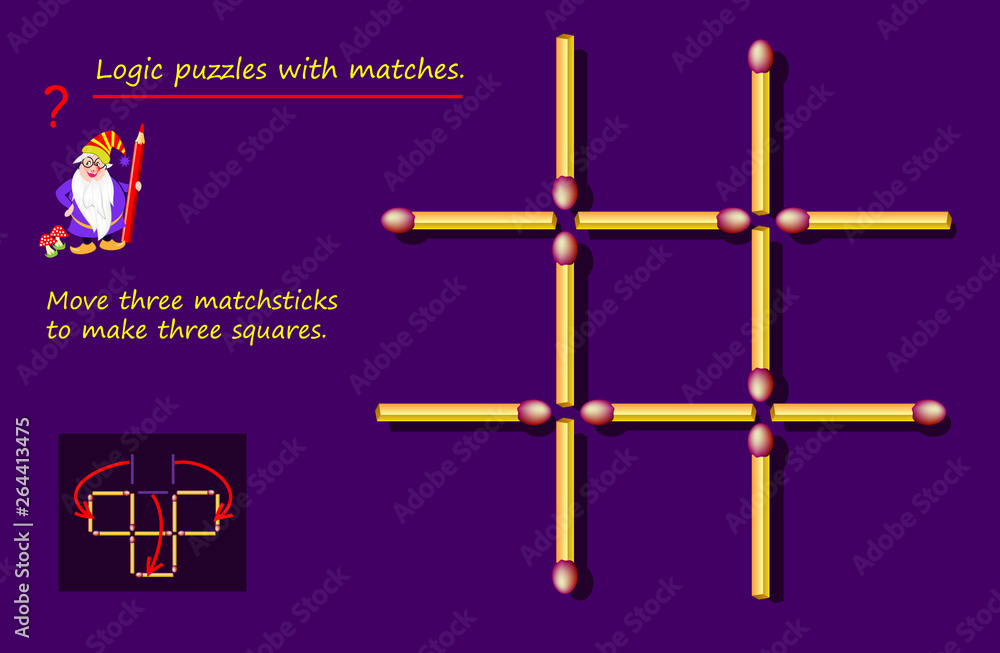Logical puzzle game with matches. Need to move three matchsticks to