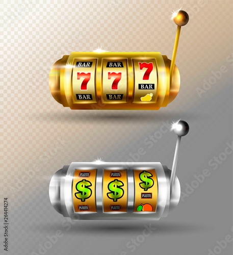 Slot Machine Vector set. Golden Lucky Empty Slot. Jackpot Gambling Machine Poster. Spin Object. Fortune Sign. Poker Chips, Casino 777 Illustration