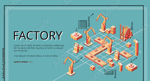 Factory conveyor belt landing page. Robotic arms packing producion on transporter belt line. Automation, smart industrial revolution, robot assistants. Isometric vector illustration, line art, banner.