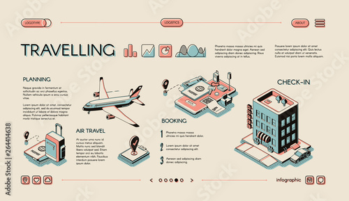 Touristic business, traveling services isometric vector web banner, swipe landing page, presentation infographics slide template with air flight planning, ticket booking, hotel rooms check-in concepts