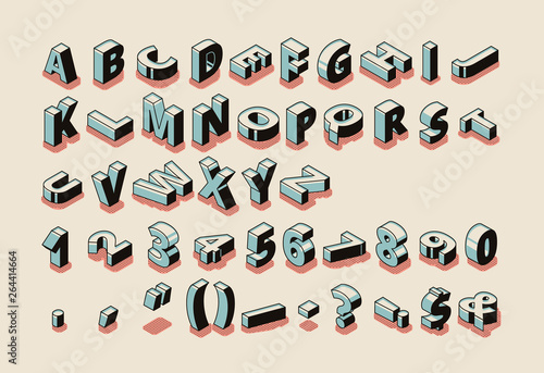 English alphabet isometric vector set with latin ABC letters, special symbols, punctuation marks and arabic figures standing on edge, ling on background pop art, retro colors illustration collection