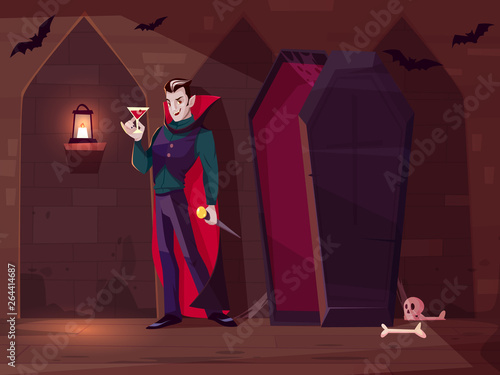 Smiling vampire, count Dracula standing with glass of blood near opened coffin in dark dungeon of medieval castle cartoon vector concept. Fantasy monster character, halloween costume illustration