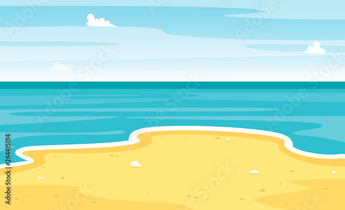 Beach and sand. Sea or ocean scene. Summer landscape. Cartoon vacation travel banner. Vector cute illustration. 