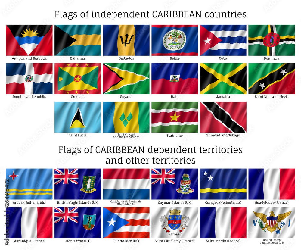 Wavy flags of independent Caribbean countries and dependent territories
