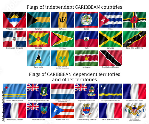 Wavy flags of independent Caribbean countries and dependent territories. Curved officially recognized flags of states. Realistic patriotic symbols vector illustration. National and political identity. photo