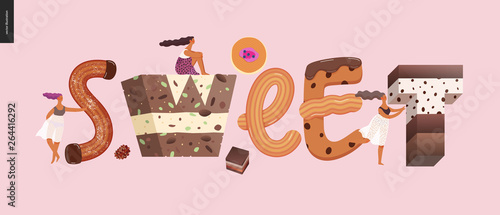 Dessert lettering - Sweet - modern flat vector concept digital illustration of temptation font, sweet lettering and girls. Caramel, toffee, biscuit, waffle, cookie, cream and chocolate letters