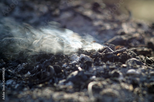Smoke and ashes of bonfire long exposure. close-up macro.
