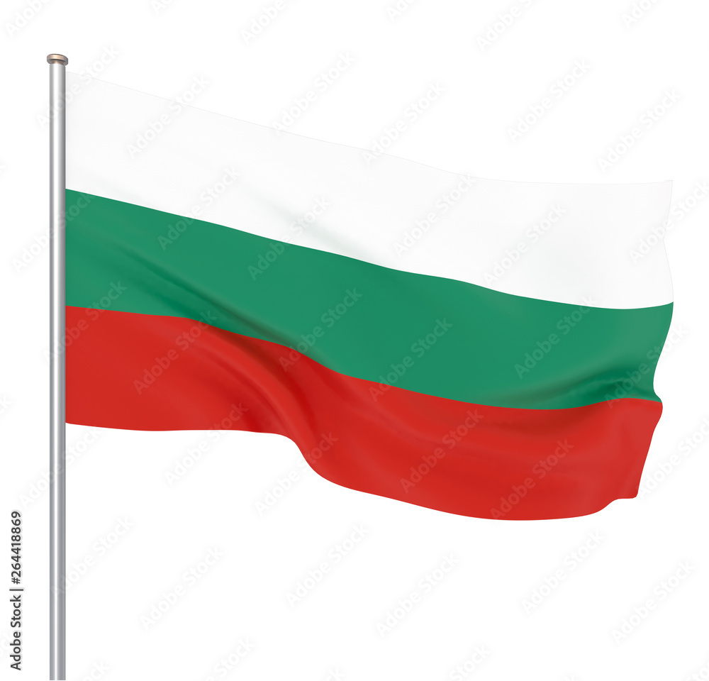 Bulgaria flag blowing in the wind. Background texture. Isolated on white. Sofia, Bulgaria. 3d rendering, wave. - Illustration