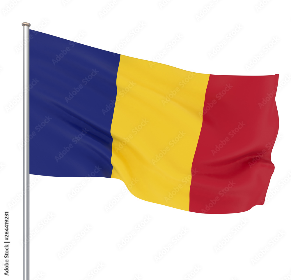 Romania flag blowing in the wind. Background texture. Bucharest, Romania. 3d rendering, wave. - Illustration. Isolated on white. Romania flag blowing in the wind. Background texture. Bucharest, Romania. 3d rendering, wave. - Illustration. Isolated on white.