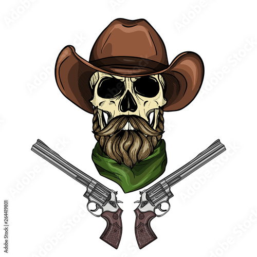Hand drawn sketch, color skull with cowboy hat, neck scarf, revolver, beard and mustaches