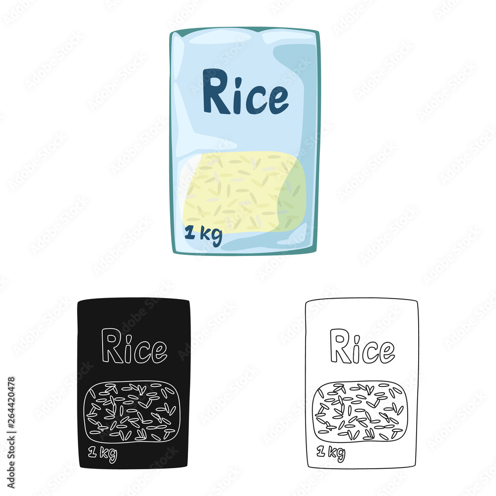Vector illustration of packet and rice sign. Set of packet and white vector icon for stock. Vector illustration of packet and rice sign. Set of packet and white vector icon for stock.