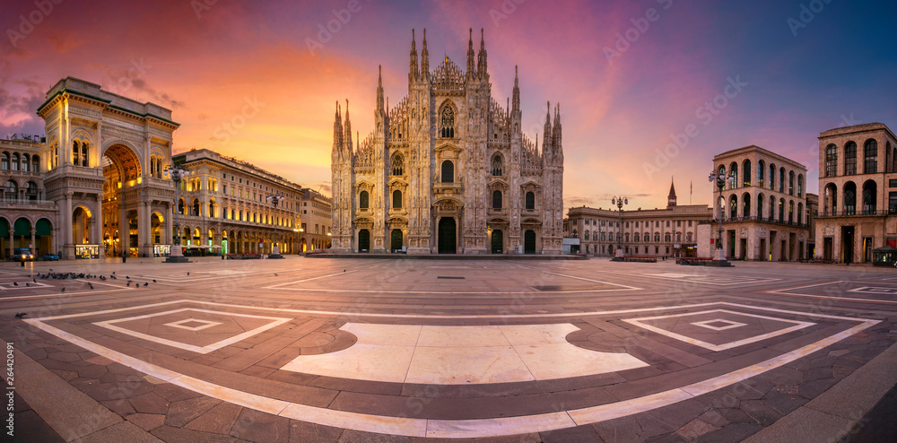Milan, Italy. Panoramic cityscape image of Milan, Italy with Milan Cathedral during sunrise.