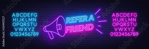 Refer a friend neon sign on brick wall background. Template for the design of the referral program.