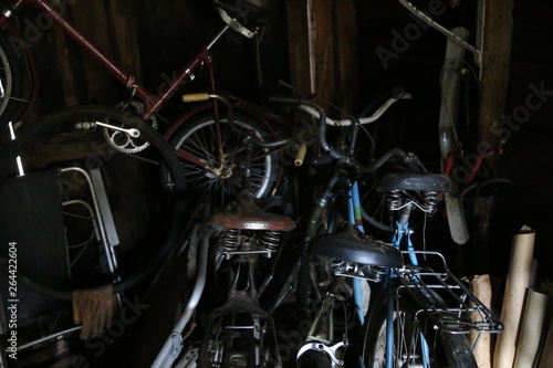  old bicycles and tools in the garage, shed