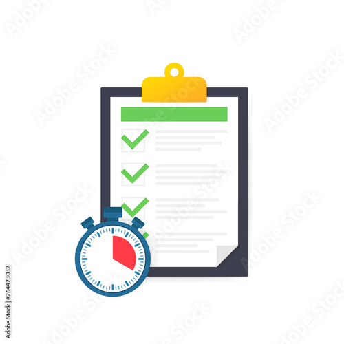 Fast service, simple solution, project management, survey clipboard, improvement checklist. Vector illustration.