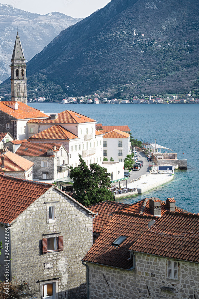 Scenic panorama view of the historic town of Perast, Kotor. Montenegro