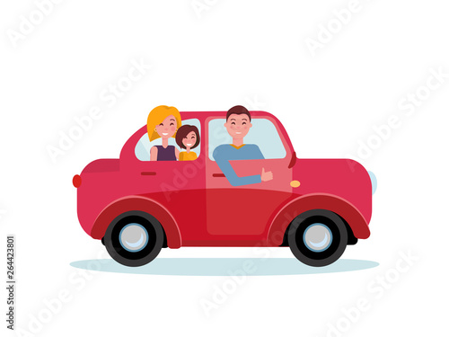 Happy family inside their new red car. Man driver at the wheel of car. Mom and daughter sitting in back seat. Side view of family car. Dad showing thumb up gesture. Vector flat cartoon illustration