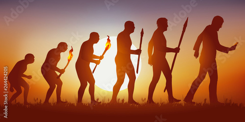 Concept de l’addiction au smartphone et aux réseaux sociaux avec le symbole de Darwin montrant l’évolution de l’homme primitif vers l’homme moderne, qui avance en regardant son écran.