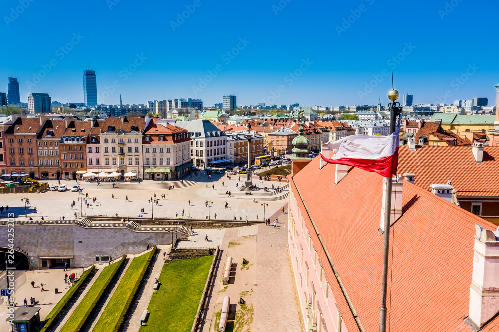 Castle square in Warsaw old town. Aerial View