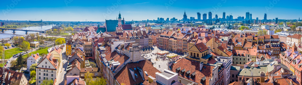 Cityscape with Old city roofs and modern skyscrapers in Warsaw - obrazy, fototapety, plakaty 