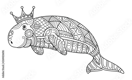 Dugong Coloring book page for adult vector.