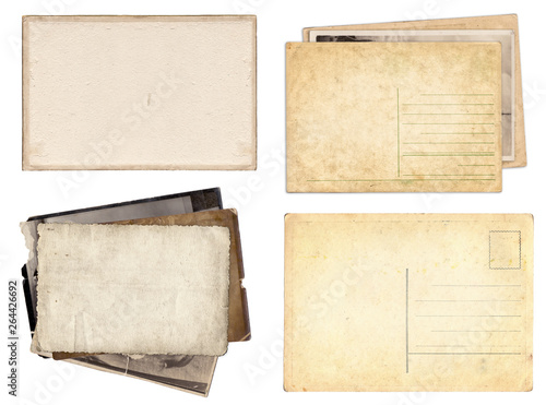 Set of various Old papers and postcards with scratches and stains texture isolated