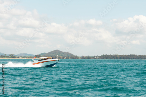 Beautiful sea with boat and blue sky, Summer and relax time concept