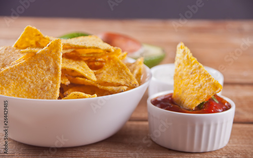 Mexican corn chips nachos with salsa dip