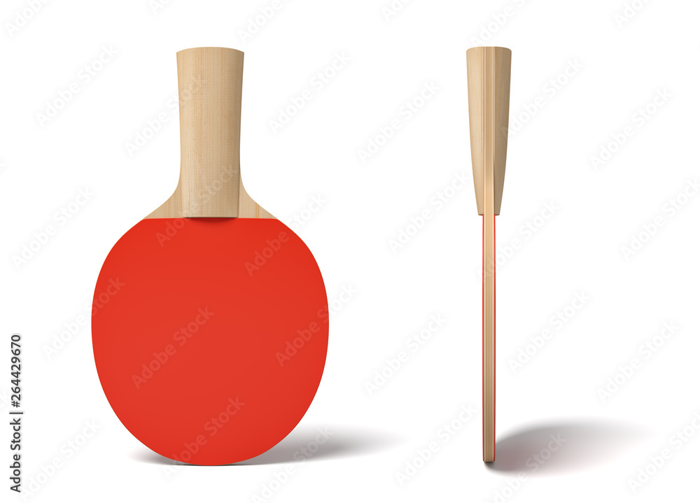 3d close-up rendering of ping pong racket with wooden handle and red rubber on white background. 3d close-up rendering of ping pong racket with wooden handle and red rubber on white background.