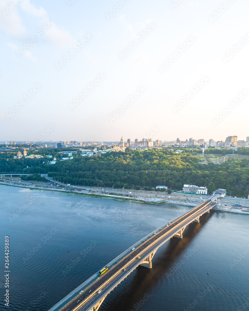 Panoramic aerial view of the right bank of Kiev from the side of the Dnieper. Subway bridge