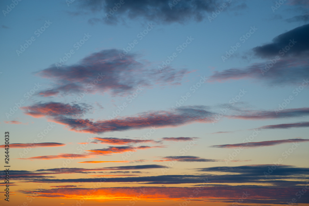 Dramatic sky with clouds in the sunset. Background Texture
