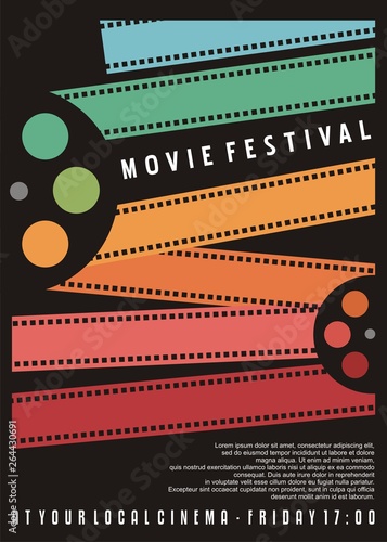Movie festival poster design. Cinema flyer with colorful film strips. Vector image.