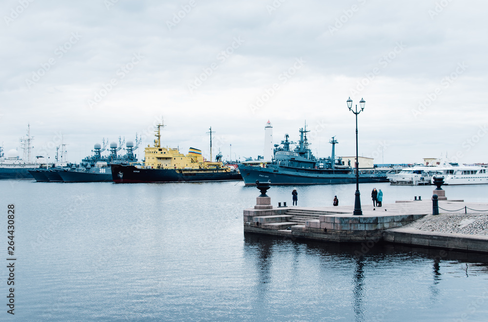 Warships stand in the bay. Russia, Kronstadt.