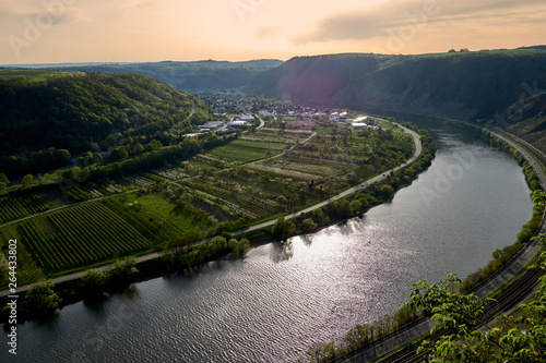 Moselle River (Mosel) and landscape at sunset in Winningen, Germany