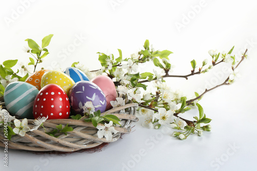 Painted Easter eggs in nest and blossoming branches on white background