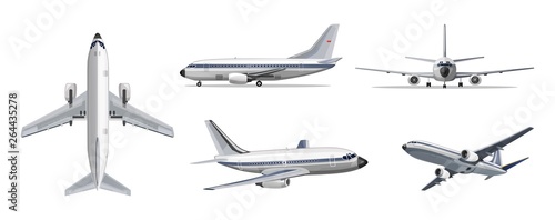 Airlines transportation concept. Vector airplane with yellow and blue stripes on white background. Airplane in top, side, front and bottom view. Vector aircraft illustration.