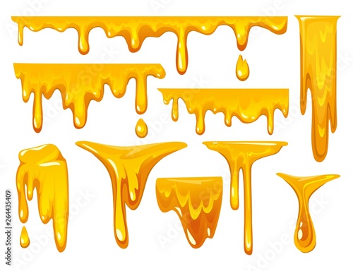 Dripping honey on white background. colorful collection of delicious honey drops. Melted honey isolated on white background. Vector illustration.