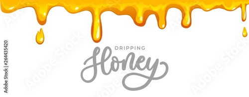 Dripping honey background with lettering inscription. Cartoon honey isolated on white background for cards, packaging etc. Vector honey illustration