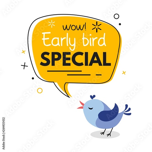Early bird special trendy design with bird and geometric template. Vector early bird promotion illustration