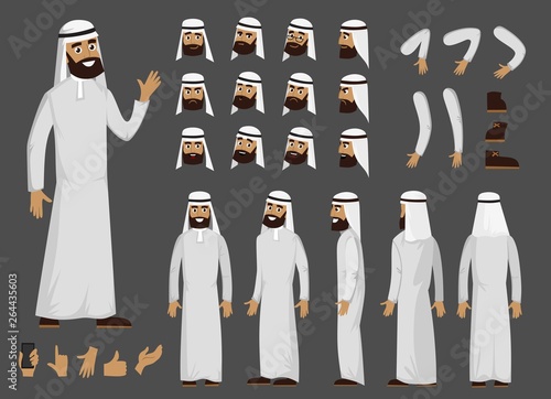 Muslim arab man creator character with different facial emotions and body view. Vector arab man character in flat style.