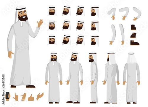 Arab man character constructor set in flat style. Muslim man DIY set with different facial expressions and moving arms and head. Arabic man wearing traditional clothing front, rear, side view.