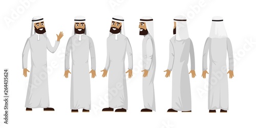 Arab muslim man character isolated on white background. Muslim man wearing traditional clothing front, rear, side view. Vector arab illustration in flat style.