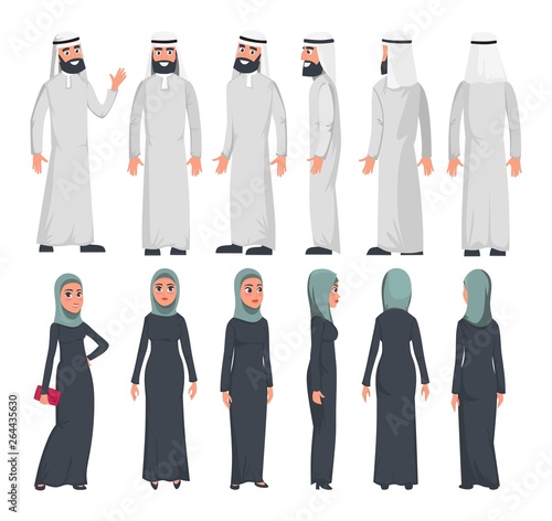 Muslim arab characters in flat style isolated on white background. Set of Arab man and women with different emotions and poses. Arab muslim couple front, rear, side view. Vector illustration