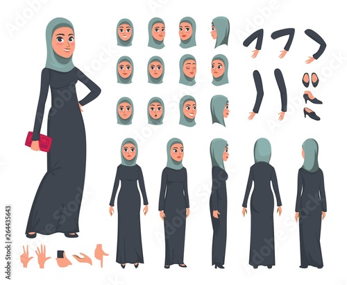Arab Women character constructor set in flat style. Muslim girl DIY set with different facial expressions. Arabic women wearing traditional clothing front, rear, side view. vector illustration.
