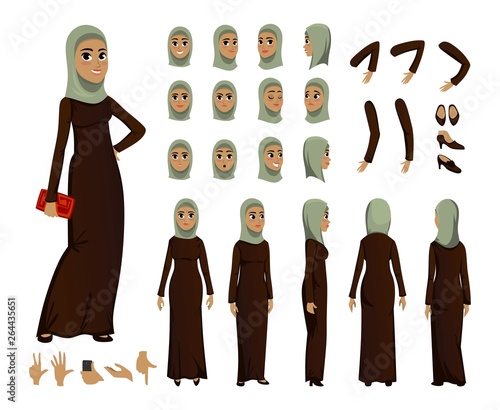 Arab Woman character constructor set in flat style. Muslim girl avatars or icons with different emotions and moving arms and head. Arabic woman wearing traditional clothing front, rear, side view. 