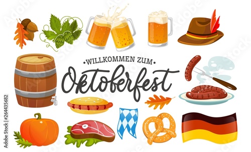 Oktoberfest food and symbols collection. Vector Oktoberfest objects and icons with lettering inscription Welcome to Oktoberfest. Beer, hat, meat, flag, hot dog, sausages, pumpkin etc.