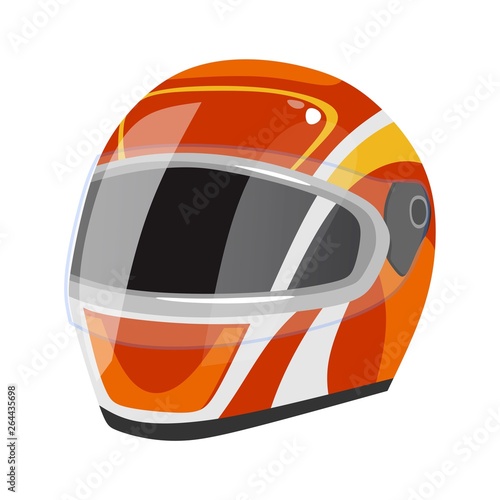 Racing helmet icon isolated on white background. Red sport safety helmet with white stripes in cartoon style. Vector illustration
