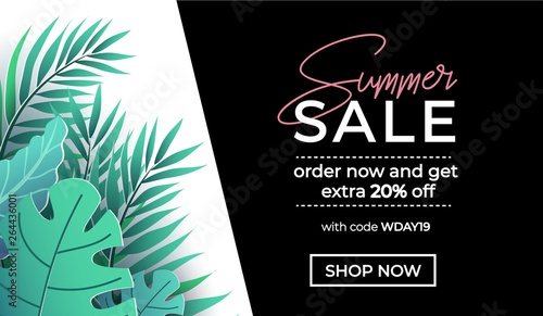 Summer sale banner in trendy style with tropical leaves for promotion of cosmetic, fashion, accessorize etc. Modern elegant and luxury summer sale banner template. Vector illustration