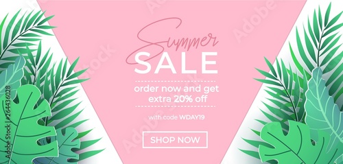 Summer sale banner in trendy style with pink and green tropical leaves for promotion of cosmetic, fashion, accessorize etc. Modern summer sale banner template. Vector illustration